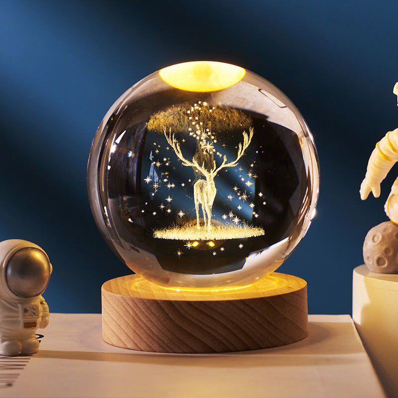 Lámpara de noche con bola de cristal y luna de cielo estrellado: luz ambiental de proyección