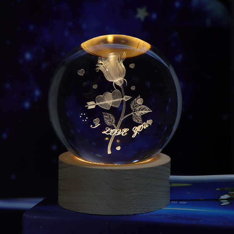 Lámpara de noche con bola de cristal y luna de cielo estrellado: luz ambiental de proyección