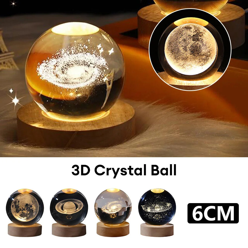 Lámpara de noche con bola de cristal y luna de cielo estrellado: luz ambiental de proyección