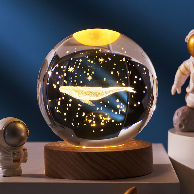 Lámpara de noche con bola de cristal y luna de cielo estrellado: luz ambiental de proyección
