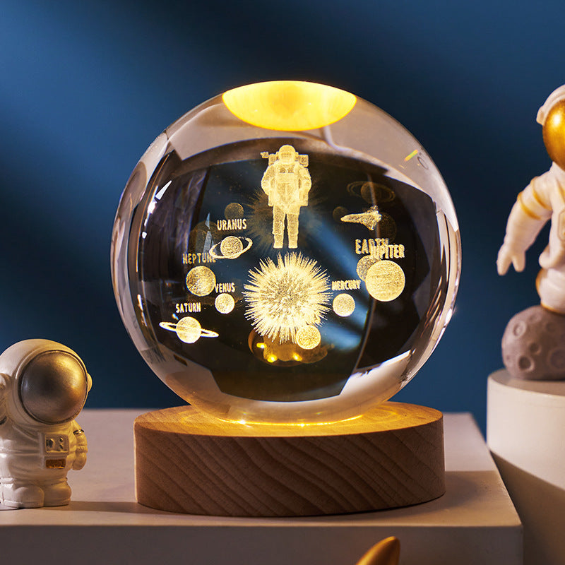 Lámpara de noche con bola de cristal y luna de cielo estrellado: luz ambiental de proyección