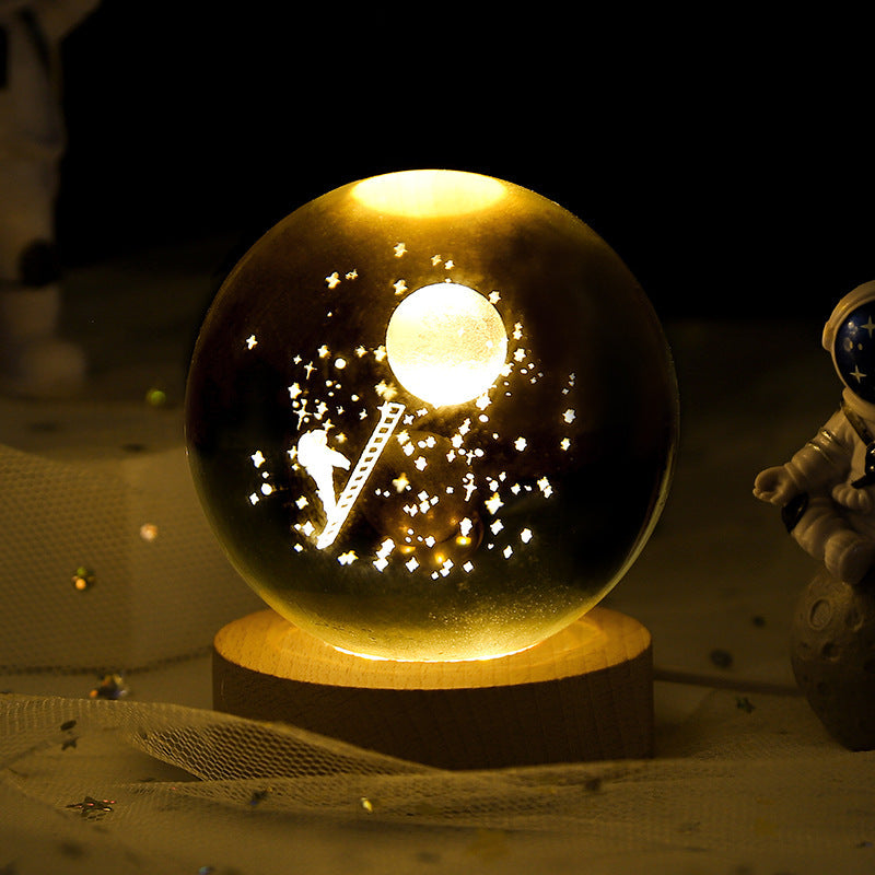 Lámpara de noche con bola de cristal y luna de cielo estrellado: luz ambiental de proyección