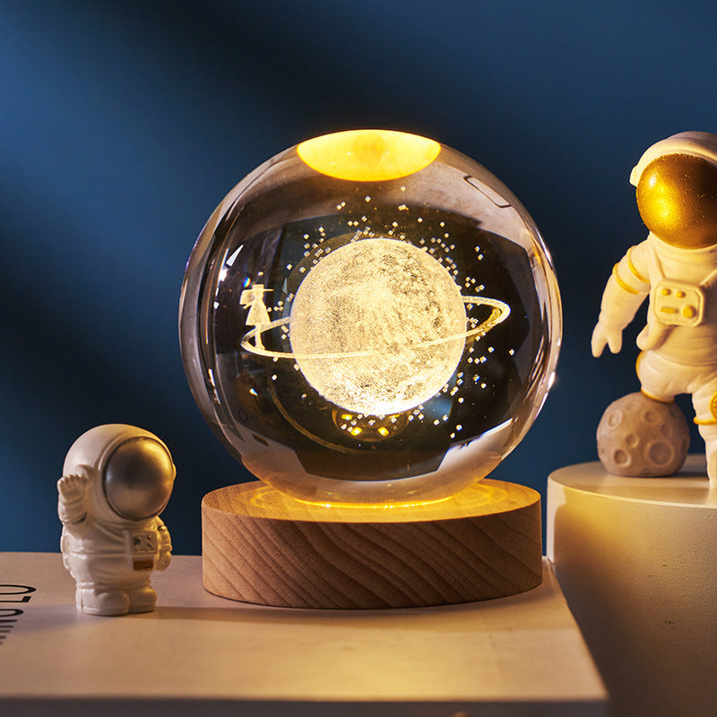 Lámpara de noche con bola de cristal y luna de cielo estrellado: luz ambiental de proyección