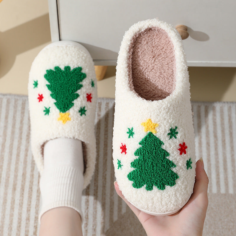 Pantuflas de algodón con dibujos de Papá Noel para Navidad: cálidos zapatos de invierno con pelo para hombres, mujeres y parejas