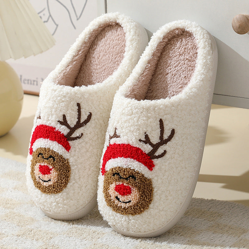 Pantuflas de algodón con dibujos de Papá Noel para Navidad: cálidos zapatos de invierno con pelo para hombres, mujeres y parejas