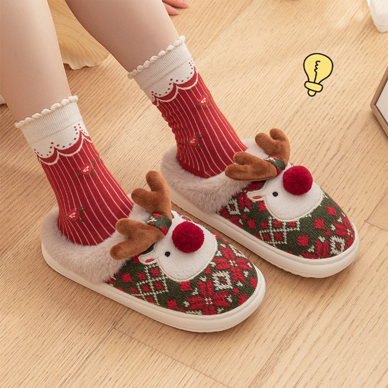 Cute Christmas Elk Plush Slippers – Cozy Non-Slip Winter Home Shoes