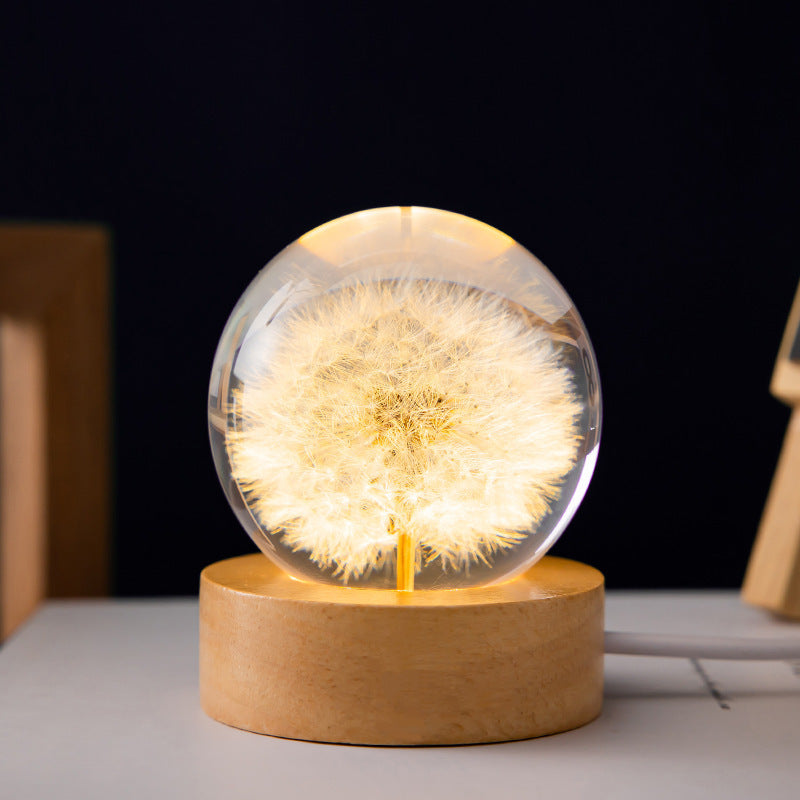 Bola de cristal de diente de león 3D con base de madera de haya: adorno luminoso de escritorio para la decoración del hogar