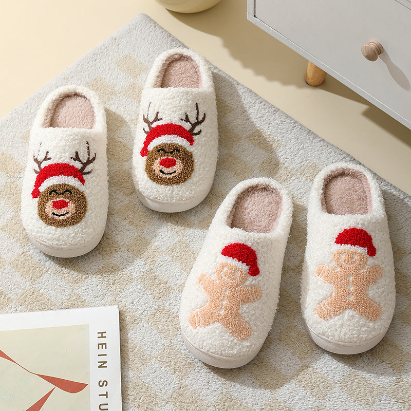 Pantuflas de algodón con dibujos de Papá Noel para Navidad: cálidos zapatos de invierno con pelo para hombres, mujeres y parejas