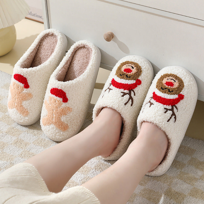 Pantuflas de algodón con dibujos de Papá Noel para Navidad: cálidos zapatos de invierno con pelo para hombres, mujeres y parejas