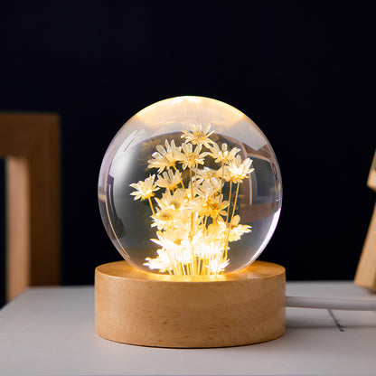 Bola de cristal de diente de león 3D con base de madera de haya: adorno luminoso de escritorio para la decoración del hogar