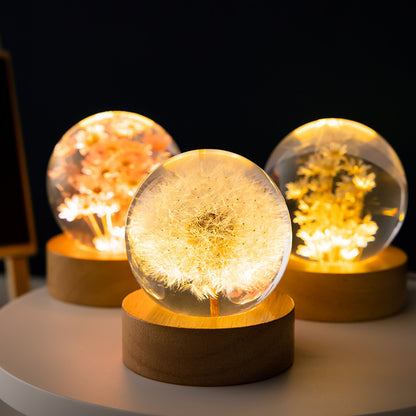 Bola de cristal de diente de león 3D con base de madera de haya: adorno luminoso de escritorio para la decoración del hogar