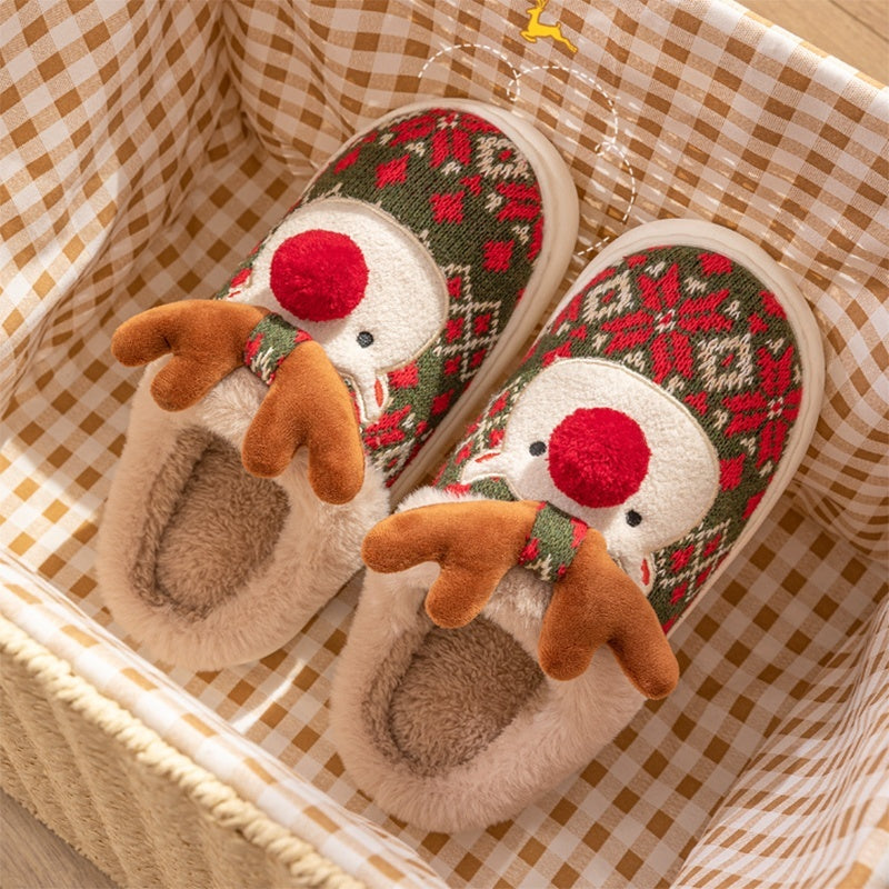 Cute Christmas Elk Plush Slippers – Cozy Non-Slip Winter Home Shoes