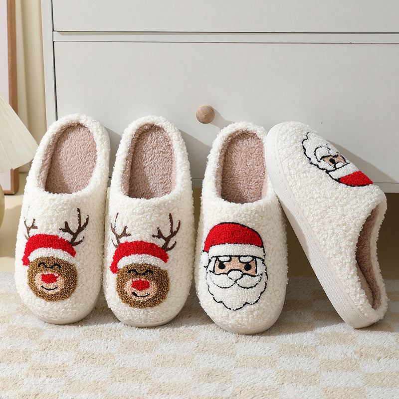 Pantuflas de algodón con dibujos de Papá Noel para Navidad: cálidos zapatos de invierno con pelo para hombres, mujeres y parejas