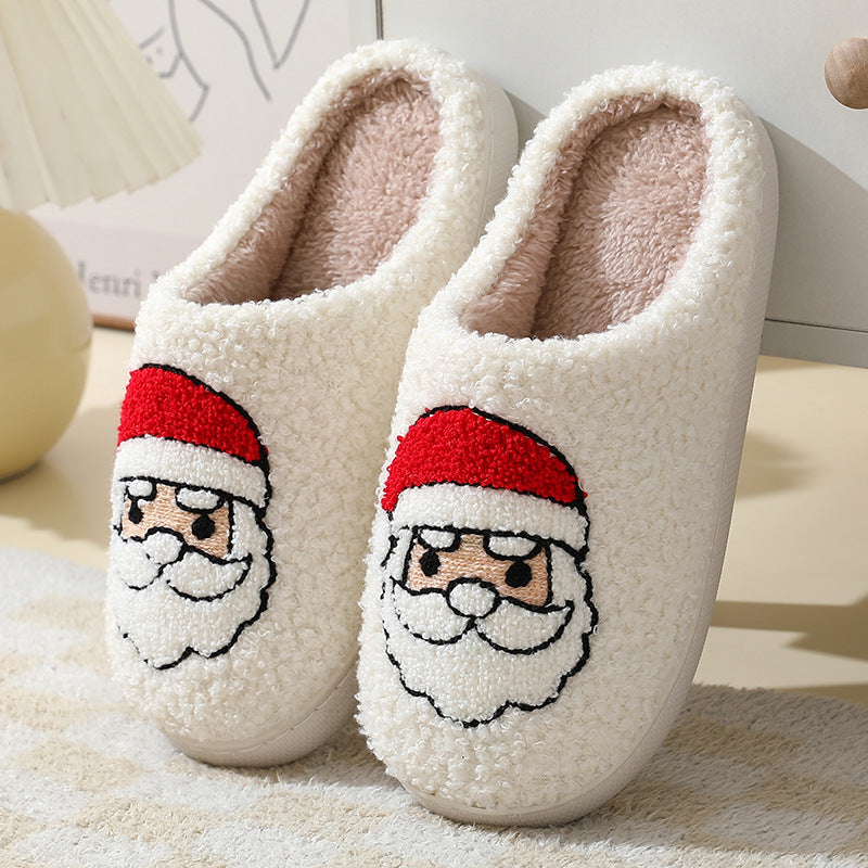 Pantuflas de algodón con dibujos de Papá Noel para Navidad: cálidos zapatos de invierno con pelo para hombres, mujeres y parejas