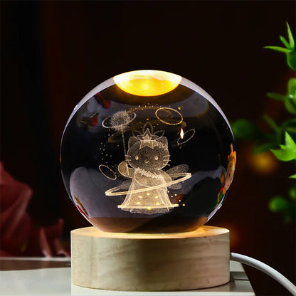 3D Crystal Ball Mini Night Lamp – Pikachu, Stitch, Kuromi, Princess & Hello Kitty