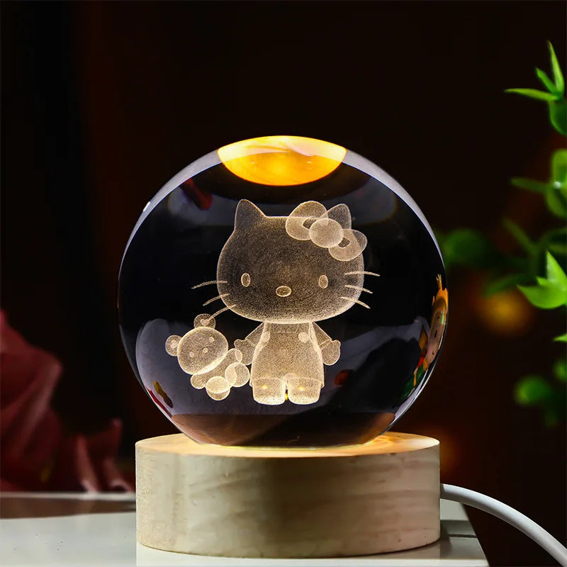 3D Crystal Ball Mini Night Lamp – Pikachu, Stitch, Kuromi, Princess & Hello Kitty