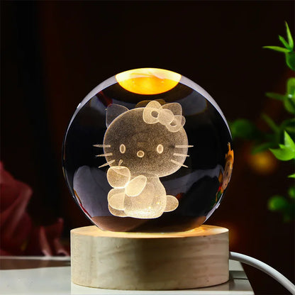 3D Crystal Ball Mini Night Lamp – Pikachu, Stitch, Kuromi, Princess & Hello Kitty