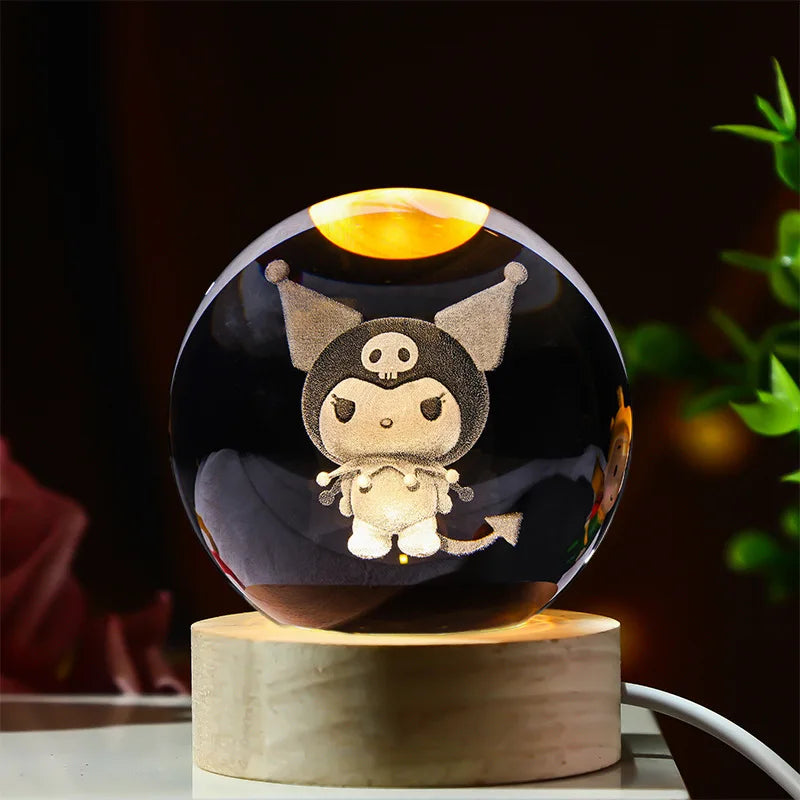 3D Crystal Ball Mini Night Lamp – Pikachu, Stitch, Kuromi, Princess & Hello Kitty