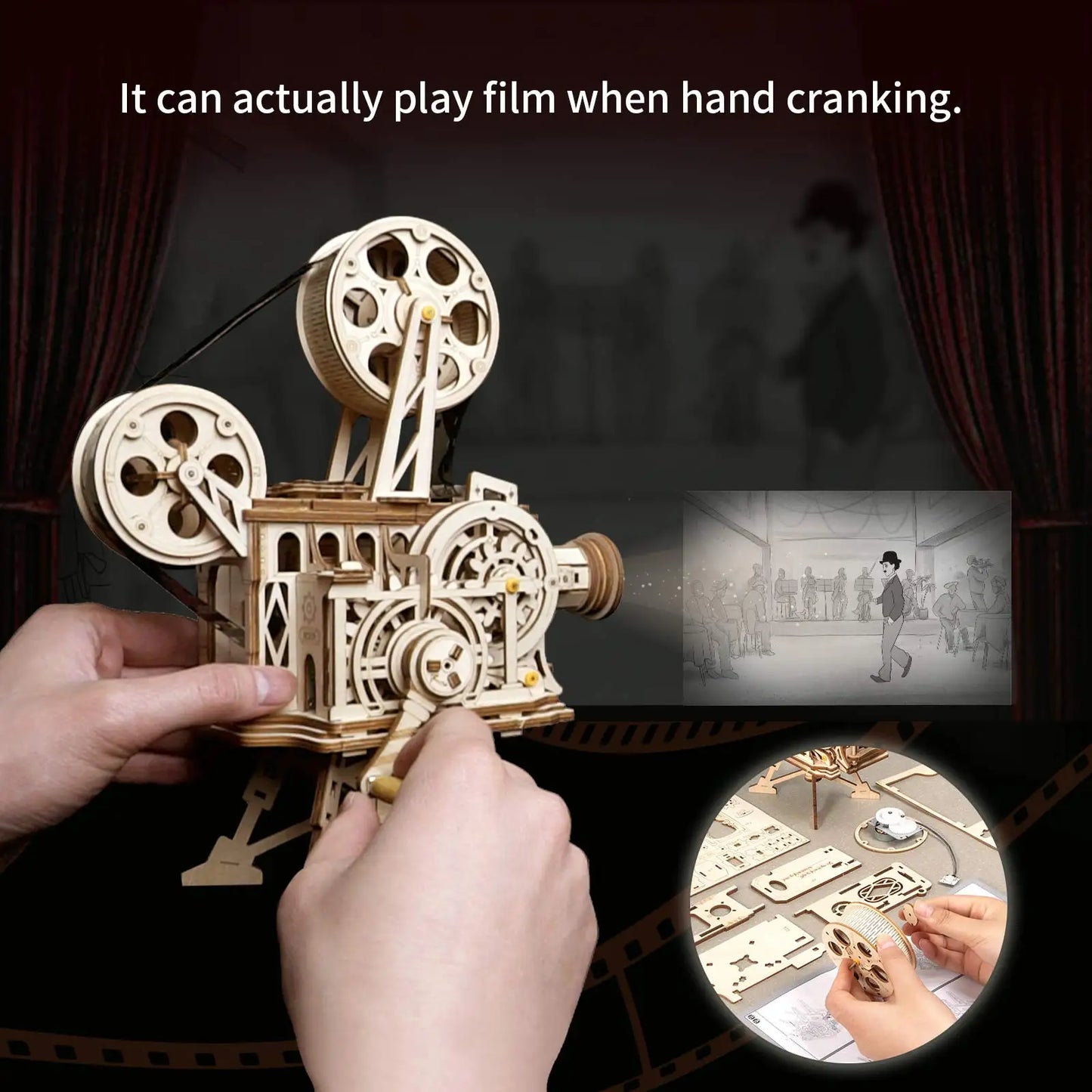 DIY 3D Wooden Film Projector Model Kit – 183-Piece Retro Hand Crank Vitascopic Assembly