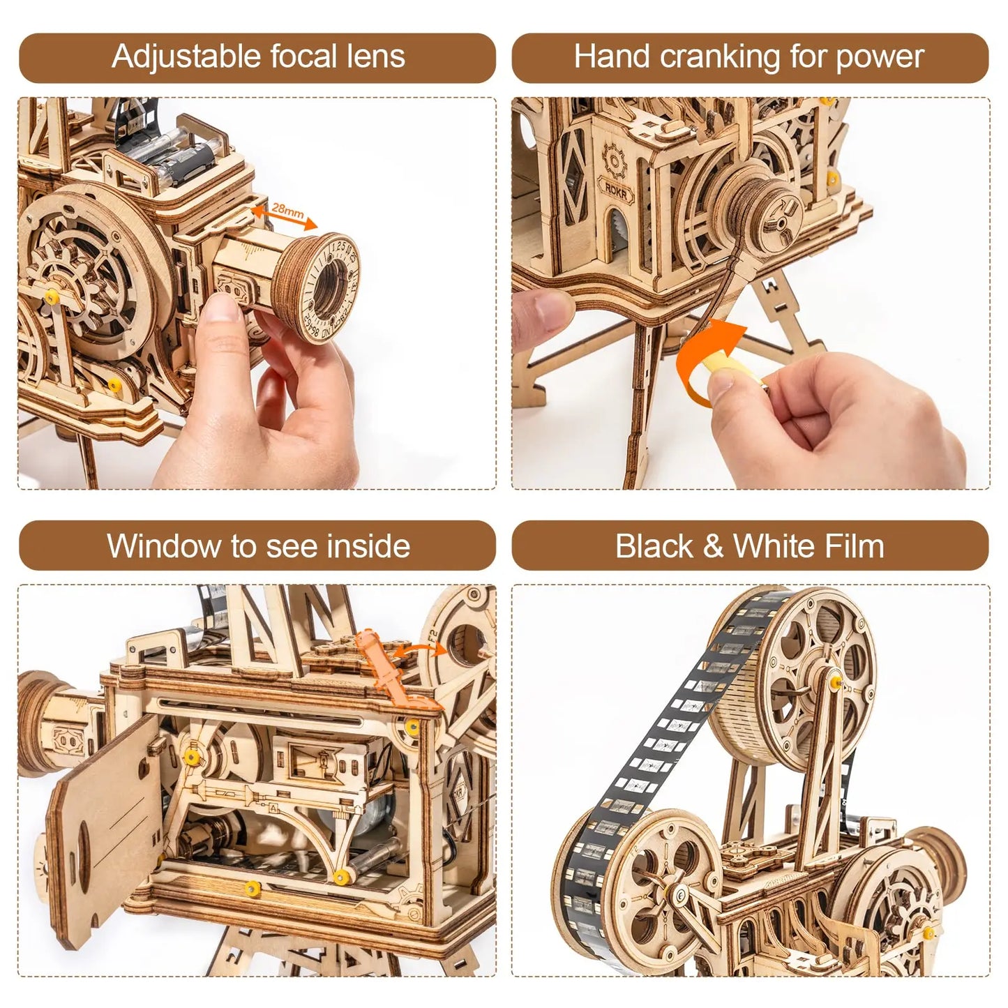 DIY 3D Wooden Film Projector Model Kit – 183-Piece Retro Hand Crank Vitascopic Assembly