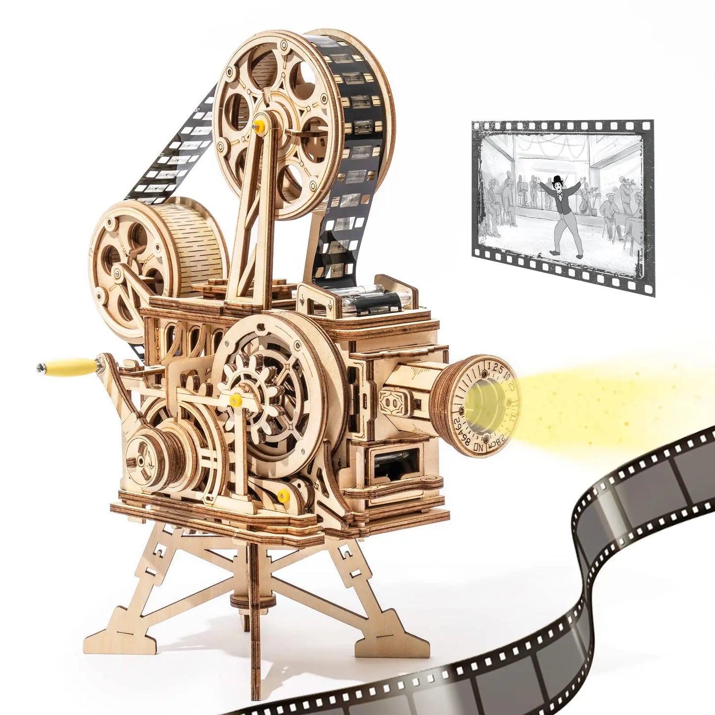 DIY 3D Wooden Film Projector Model Kit – 183-Piece Retro Hand Crank Vitascopic Assembly