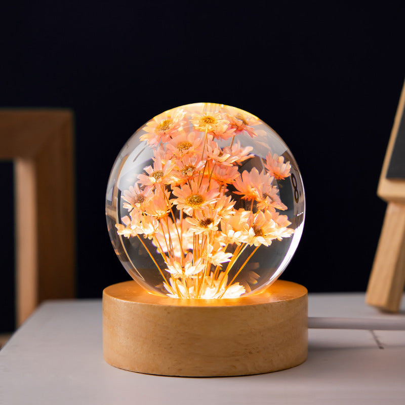 Bola de cristal de diente de león 3D con base de madera de haya: adorno luminoso de escritorio para la decoración del hogar