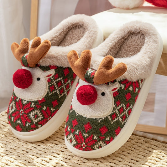 Cute Christmas Elk Plush Slippers – Cozy Non-Slip Winter Home Shoes