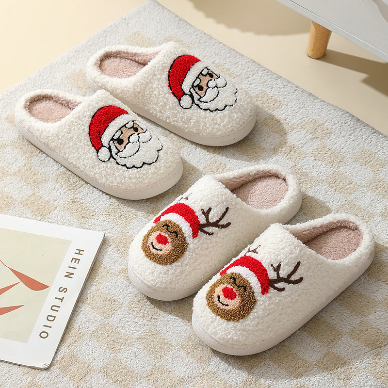 Pantuflas de algodón con dibujos de Papá Noel para Navidad: cálidos zapatos de invierno con pelo para hombres, mujeres y parejas