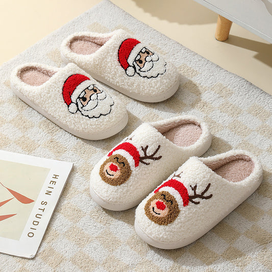 Christmas Cartoon Santa Claus Cotton Slippers – Warm Winter Furry Shoes for Men, Women & Couples