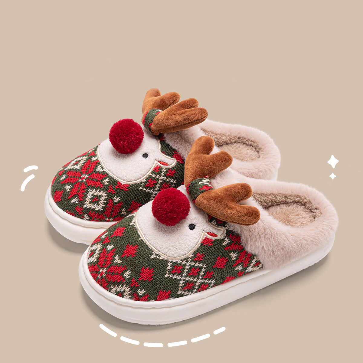 Cute Christmas Elk Plush Slippers – Cozy Non-Slip Winter Home Shoes