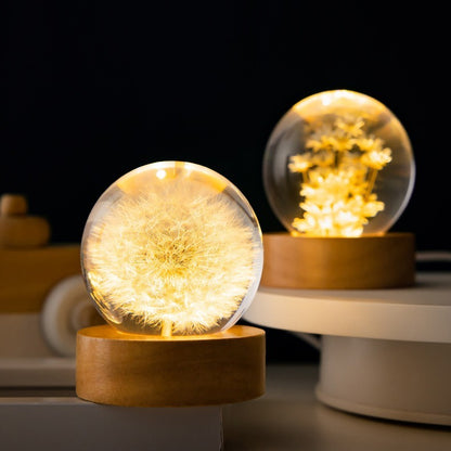 Bola de cristal de diente de león 3D con base de madera de haya: adorno luminoso de escritorio para la decoración del hogar